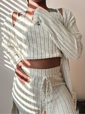Cozy Ribbed Knit Lounge Set - Light Cream